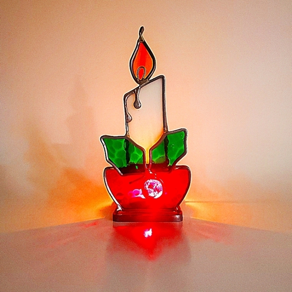 VINTAGE Stained | Slag Glass Holiday Candle Holder Candle with Holly EUC